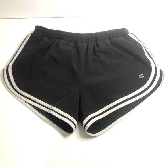 champion running shorts size medium black white stripes back zip pocket - Picture 1 of 11